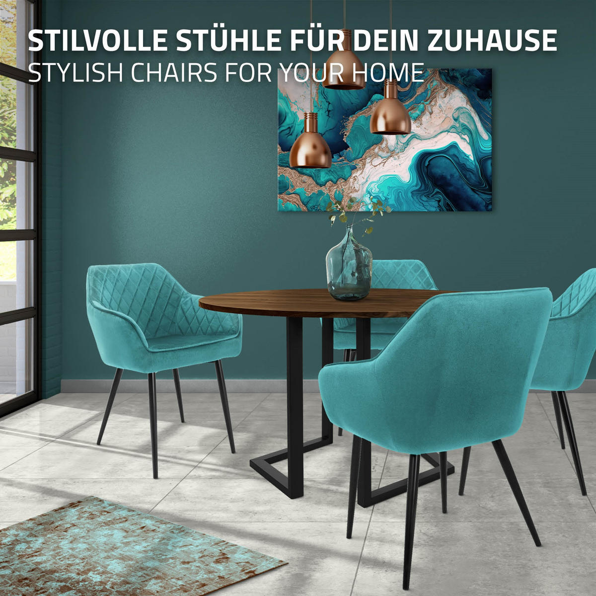 ESSZIMMERSTUHL 2er Set Petrol Samt - Türkis/Schwarz, Textil/Metall (60/80/63cm) - ML-DESIGN