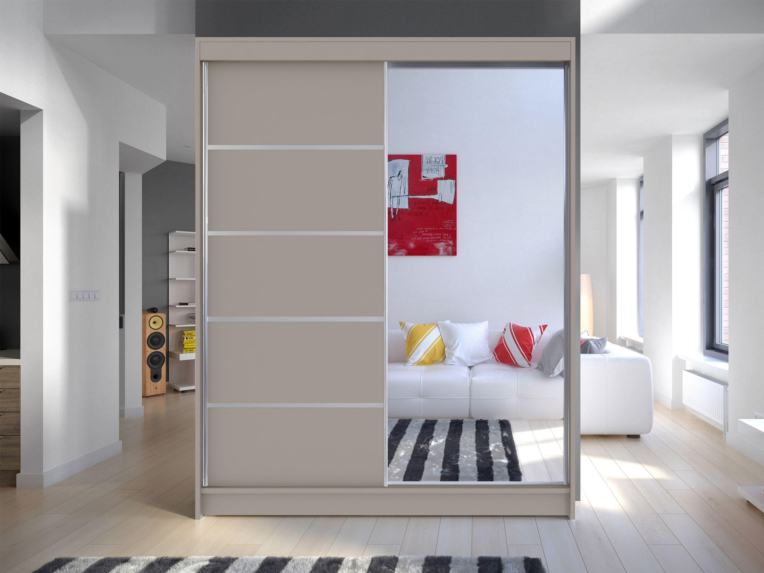 SCHWEBETÜRENSCHRANK Camino III - Kaschmir/Silberfarben, Holzwerkstoff/Metall (150/200/58cm) - MIRJAN24
