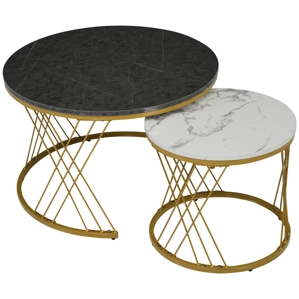 COUCHTISCH Set 70/70/45 cm und 45/45/40 cm Grau mit Hochglanz Marmormuster und Goldrahmen - Grau, Holzwerkstoff (70/70/45cm) - OKWISH