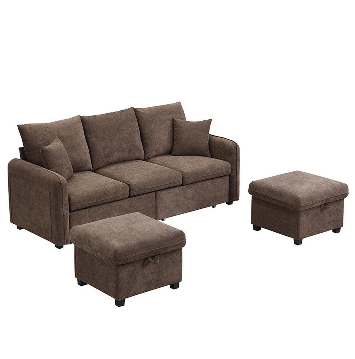 ECKSOFA-SET Chenille mit Stauraum und Schlaffunktion 3-Sitzer und 2 Hocker 188/186/86 cm Dunkelbraun - Dunkelbraun, Kunststoff/Textil (186/188cm) - Redom