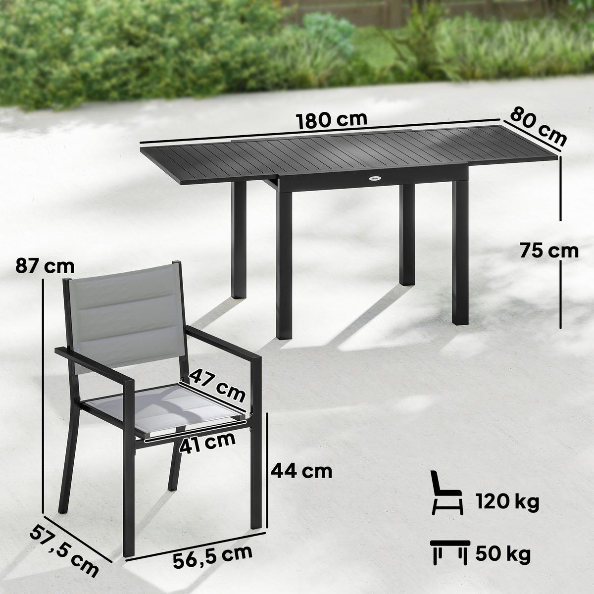 GARTENTISCHGRUPPE DE-18117 ausziehbar 90-180 cm, Aluminium/Textilene Grau - Grau, Metall - ComfortXL