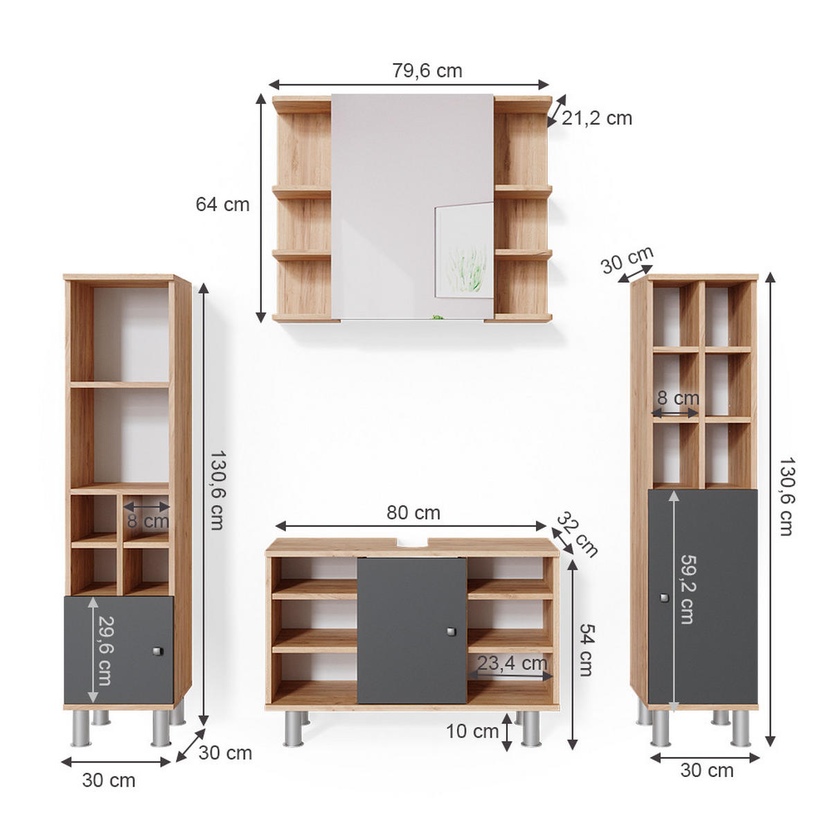 BADMÖBEL-SET Fynn Goldkraft Eiche 4 Teile, mit Midischränke - Anthrazit/Eiche Wotan, Holzwerkstoff (60/54/32cm) - Vicco