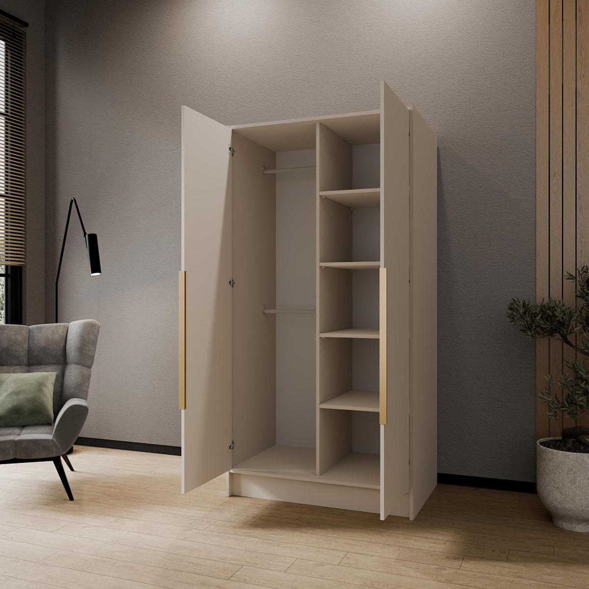 DREHTÜRENSCHRANK Pavia ohne Spiegel, Kaschmir mit goldenen Griffen, 100 cm - Kaschmir, Holzwerkstoff (100/200/51cm) - Beautysofa