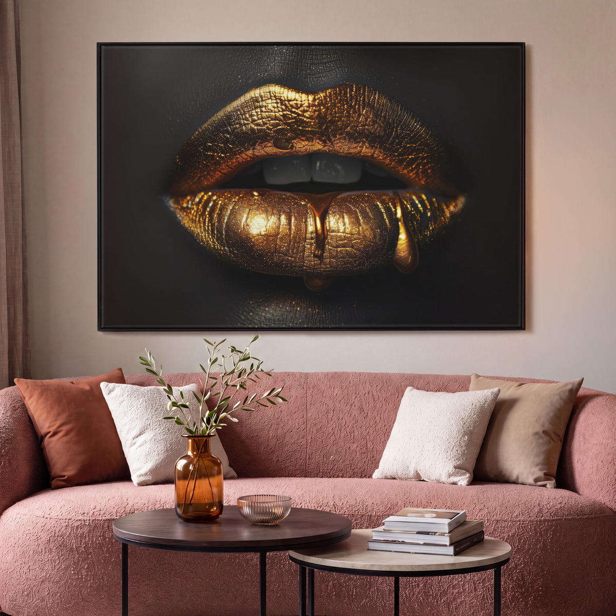 LEINWAND Bilder mit Rahmen - Frau - Porträt - Lippen - Gold - Schwarz - 120x80 - Schwarz, Textil (120/80cm) - MuchoWow