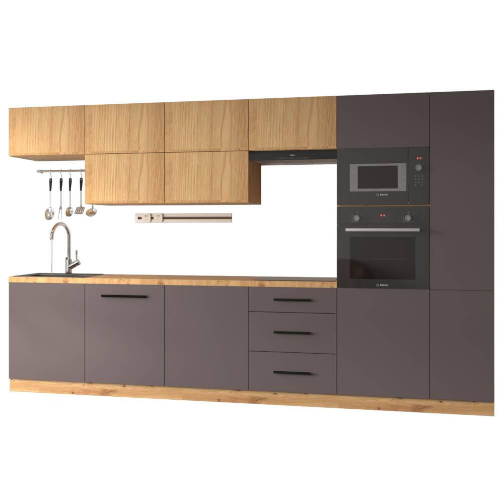 KÜCHENZEILE 340 cm - Langen KL1-M340 in Grau/Artisan Eiche - Schwarz/Eiche Artisan, Holz (340/212/58cm)