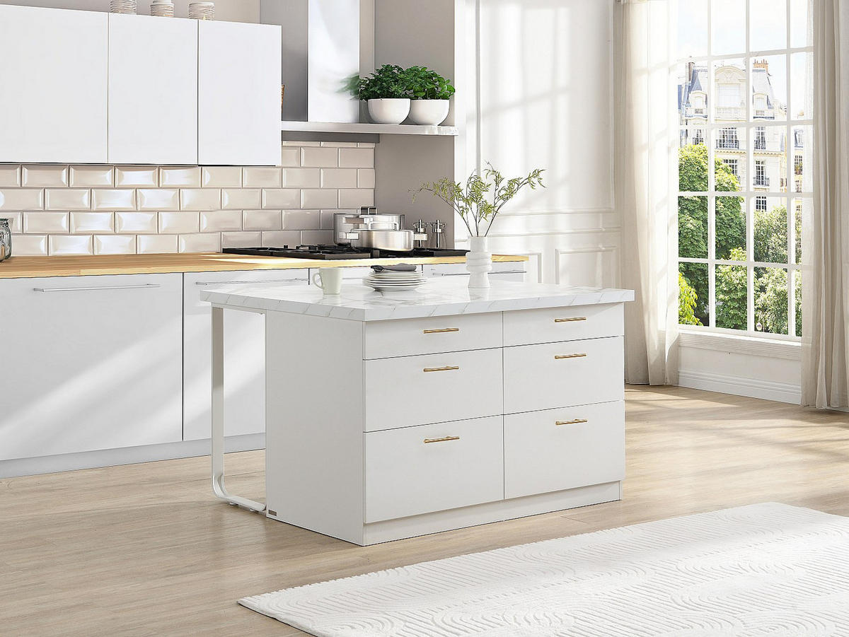 KÜCHENINSEL mit 6 Schubladen - MDF & Metall - Marmoroptik Weiß - ALEGRITA - Weiß, Holz (126/80/104cm) - Vente-Unique