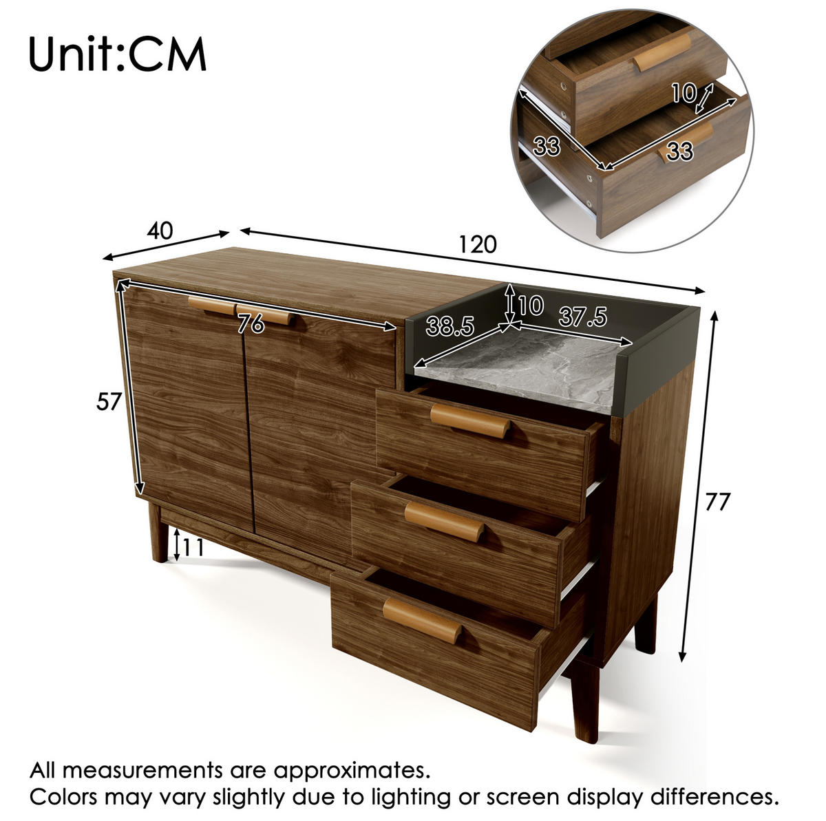 KOMMODE aus MDF und Massivholz 40x120x77 cm dunkle Eiche mit 3 Schubladen und verstellbaren Einlegeböden - Eichefarben, Holzwerkstoff (120/77/40cm) - IVMEU
