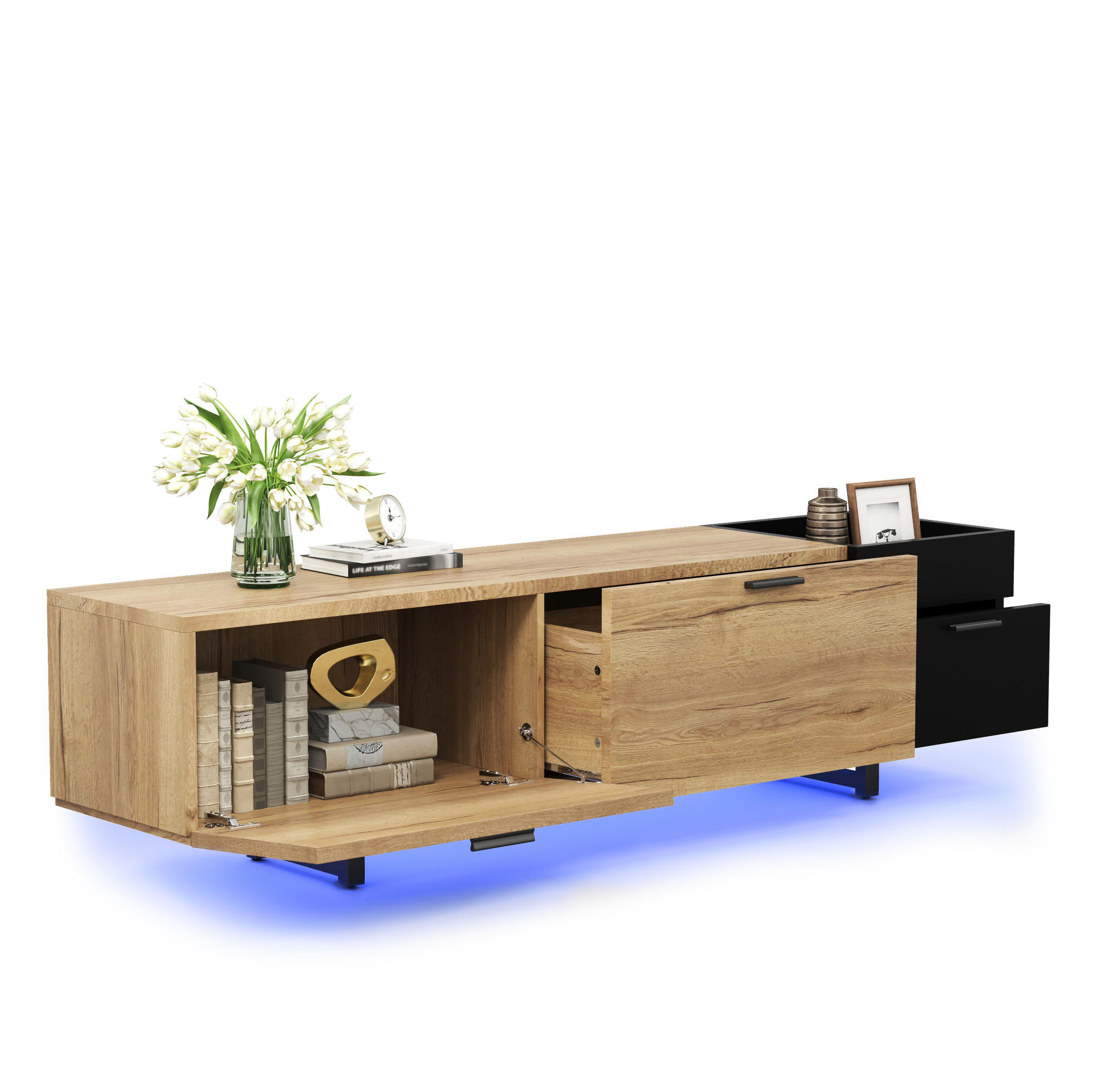 LOWBOARD 180/38/49 cm aus Holzwerkstoff mit LED-Beleuchtung Schwarz/Naturfarben - Schwarz, Holzwerkstoff (180/49/38cm) - Modenvie