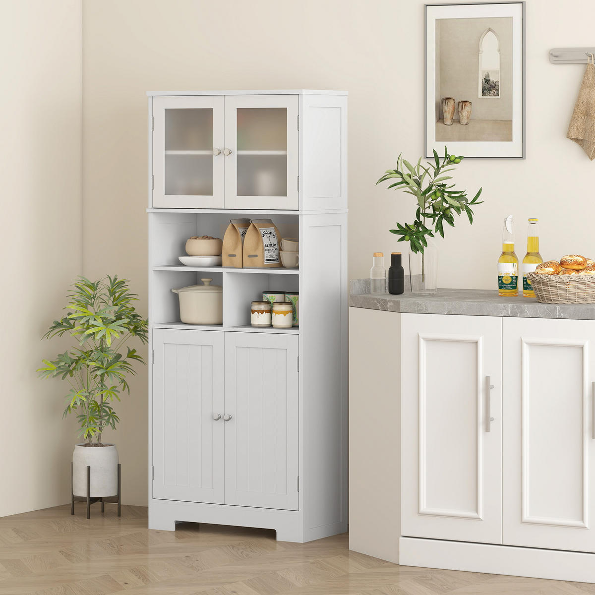 HIGHBOARD DE-11281 4 Glastüren & Nischen mit verstellbaren Böden Weiß - Weiß, Holzwerkstoff (30/145.5/60cm) - ComfortXL
