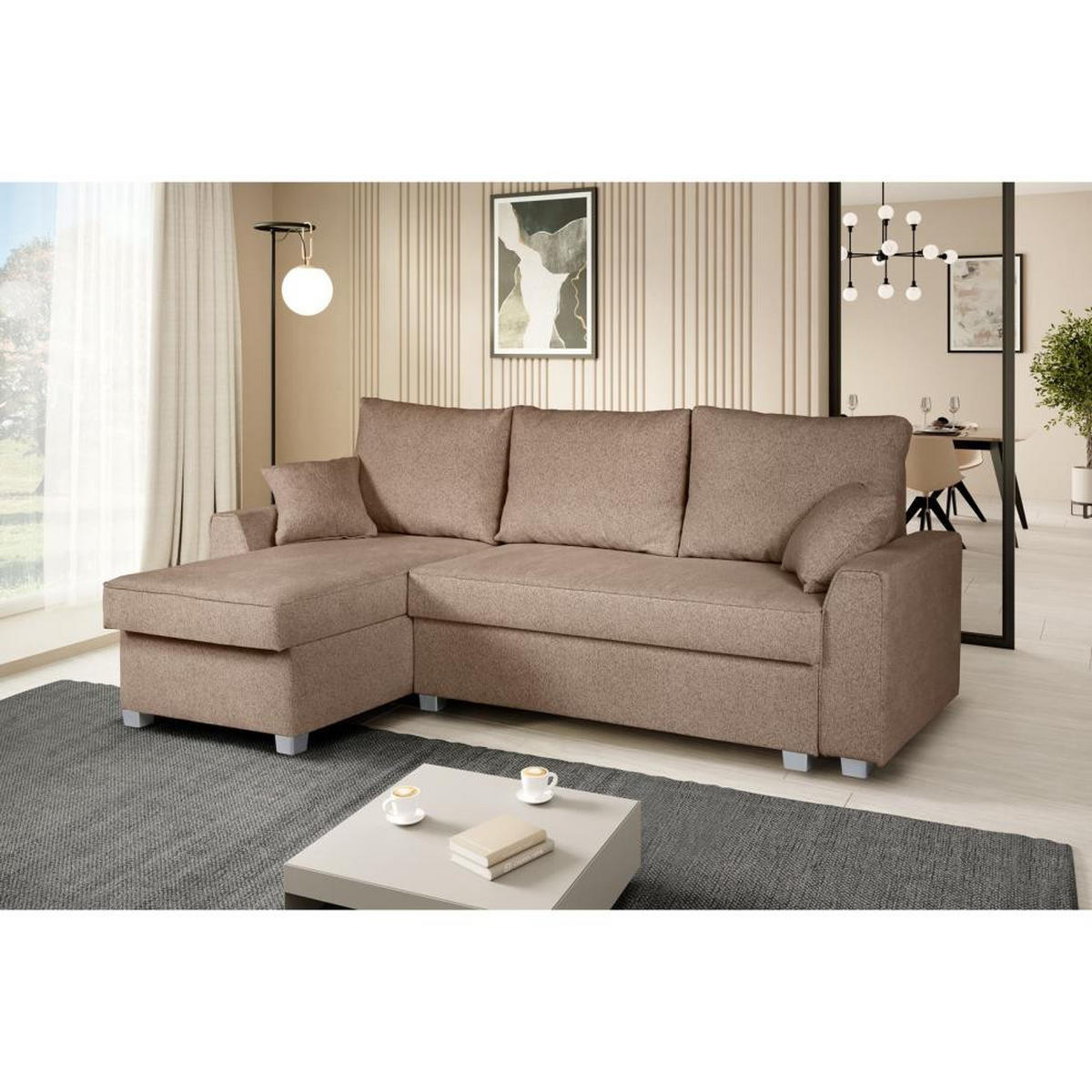 ECKSCHLAFSOFA Teramo hellbraun - Hellbraun/Schwarz, Kunststoff/Textil (235/150cm) - Beautysofa