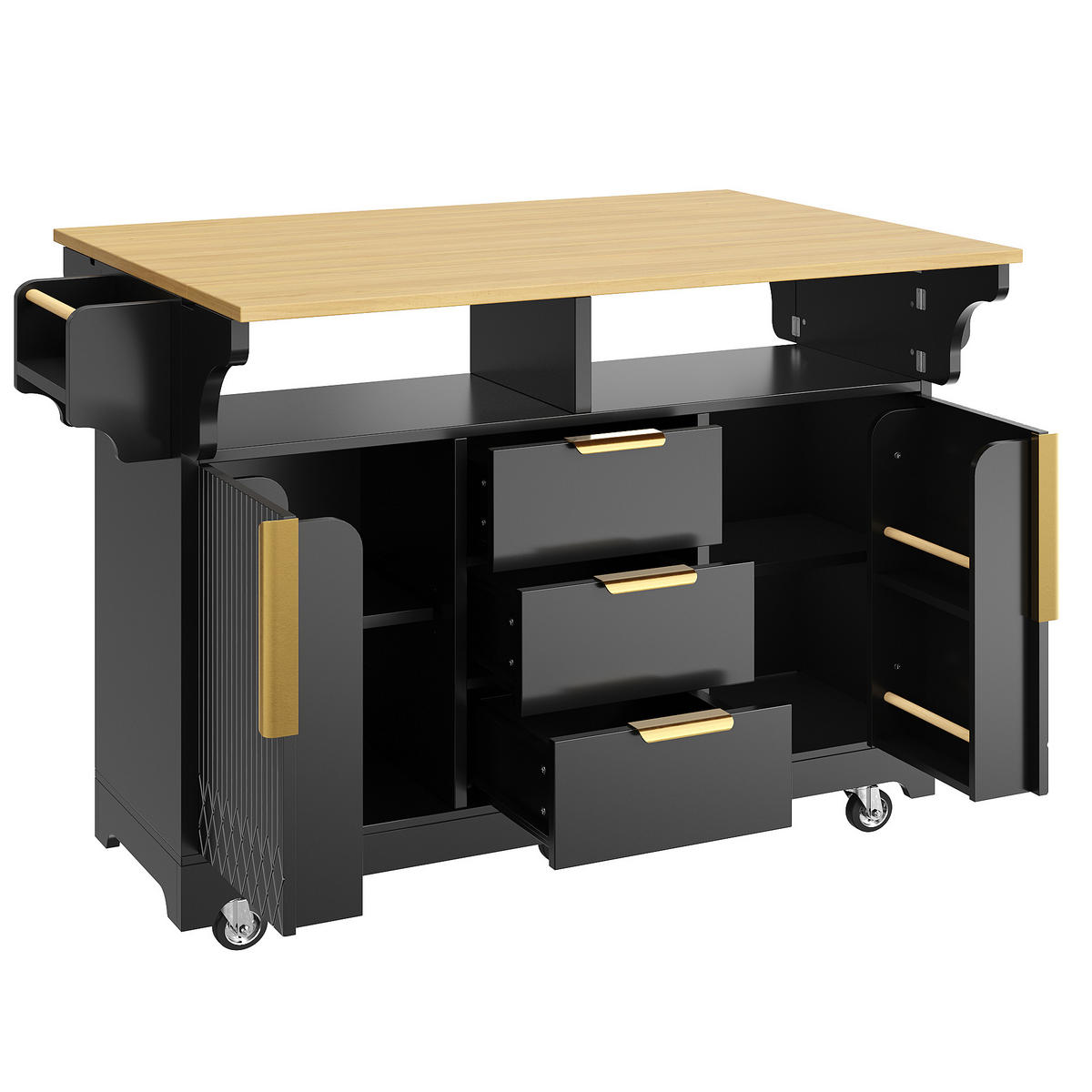 KÜCHENINSEL DE-38364 120/197 cm ausklappbar mit 3 Schubladen Schwarz - Schwarz, Holzwerkstoff (120/95/40cm) - ComfortXL