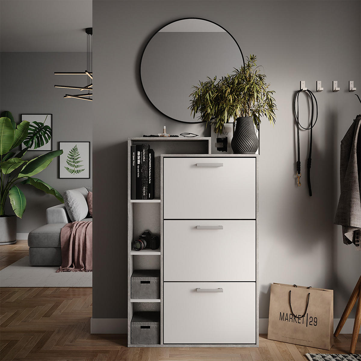 SCHUHKOMMODE Orlando Beton 80 x 128.3 cm mit 3 Fächern - Schieferfarben/Weiß, Holzwerkstoff (80/128.3/24.2cm) - Vicco