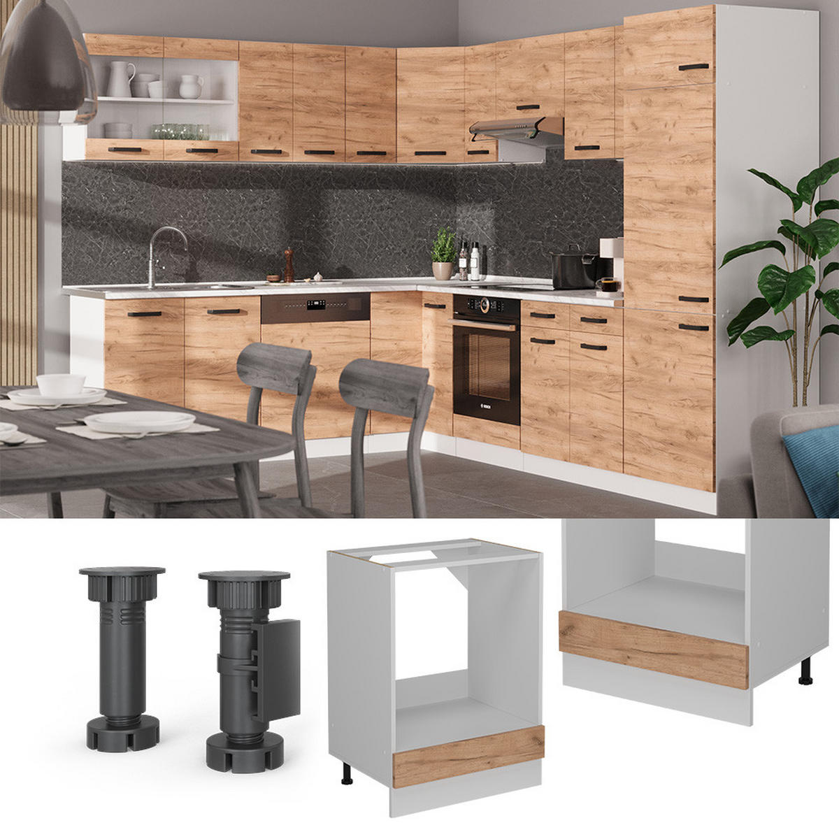 HERDUMBAUSCHRANK R-Line Goldkraft Eiche 60 cm AP Anthrazit - Honigeiche/Eiche Wotan, Holzwerkstoff (60/81.6/60cm) - Vicco