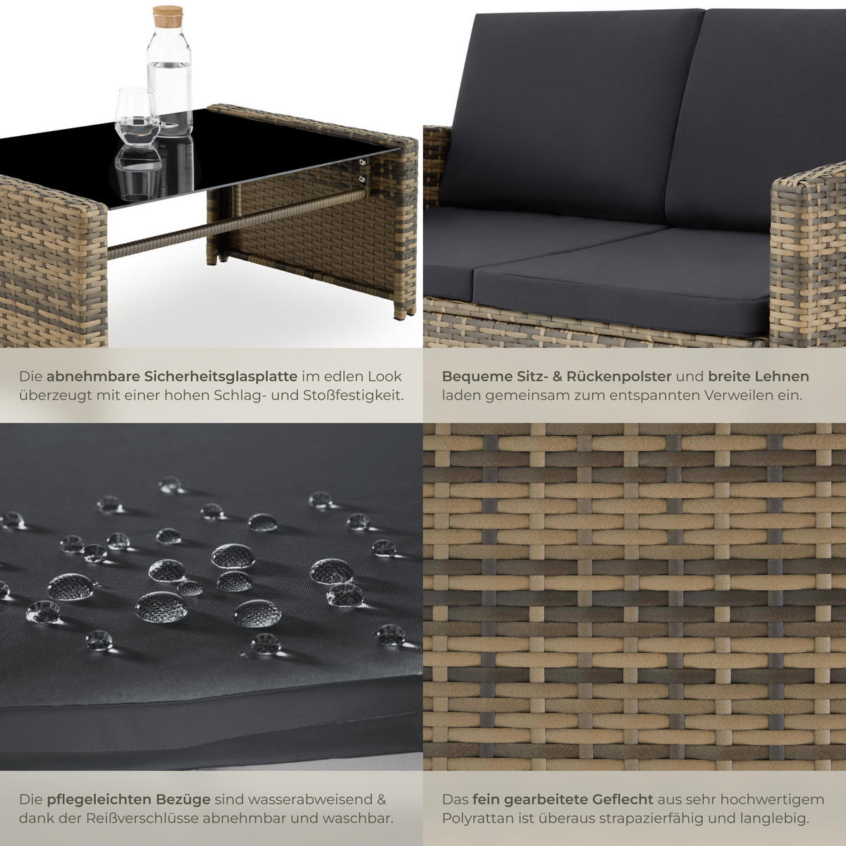 RATTANLOUNGE Jesolo,mit Sicherheitsglasplatte,natur/dunkelgrau - Naturfarben, Kunststoff - tectake
