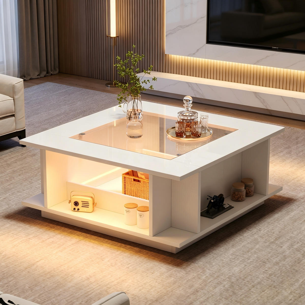 COUCHTISCH mit Hochglanz Weiß und Glasplatte integrierten Ablagen LED-Beleuchtung 70/70/30 cm - Weiß, Glas/Holzwerkstoff (70/70/30cm) - EVRYAE