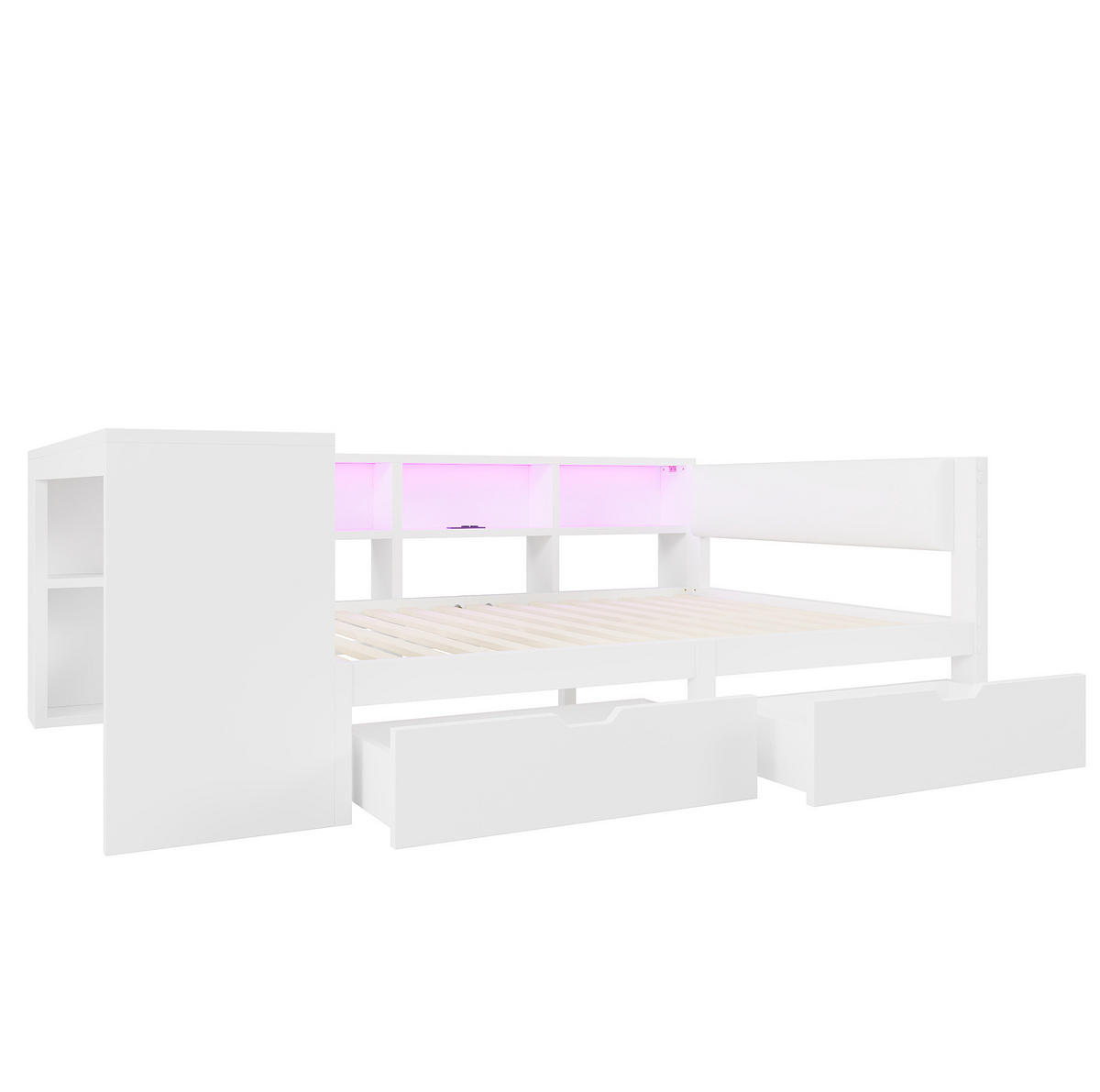 KREVET 140/200 cm sa spremištem, ladicama, USB priključkom i LED osvjetljenjem, Bijela - bijela, drvni materijal (140/200cm) - Redom