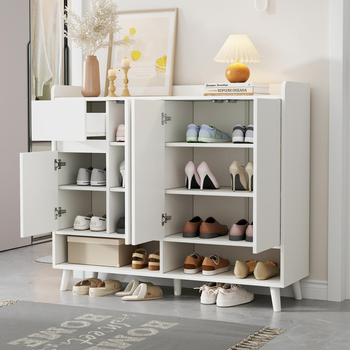 SCHUHSCHRANK 120/35/99 cm in Weiß mit 4 Türen, 1 Schublade und verstellbarem Boden - Weiß, Holzwerkstoff (120/99/35cm) - BEAOK