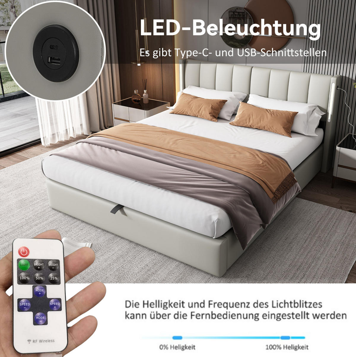 POLSTERBETT 140/200 cm Grau aus PU mit LED und Stauraum - Grau, Kunststoff (140/200cm) - OKMYHOME