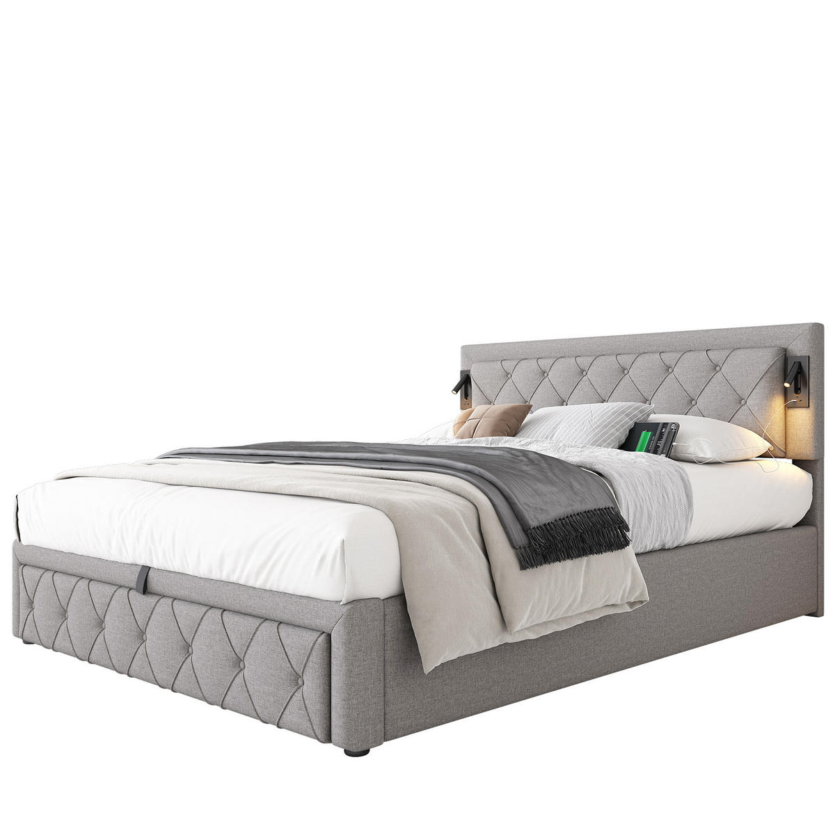 POLSTERBETT 160/200 cm mit Downlights, USB und hydraulischem Stauraum, Leinen, Grau - Grau, Textil (160/200cm) - Redom