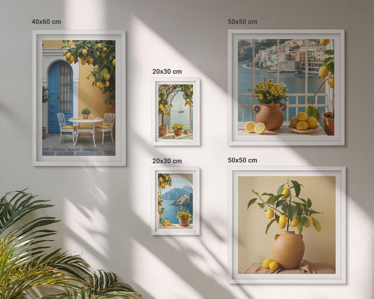 BILDER SET 5er Set - 50x50 cm & 20x30 cm & 40x60 cm Weißer Rahmen - Meereslandschaften, Zitronen, Fenster - Weiß, Kunststoff (40/60cm) - TULUP
