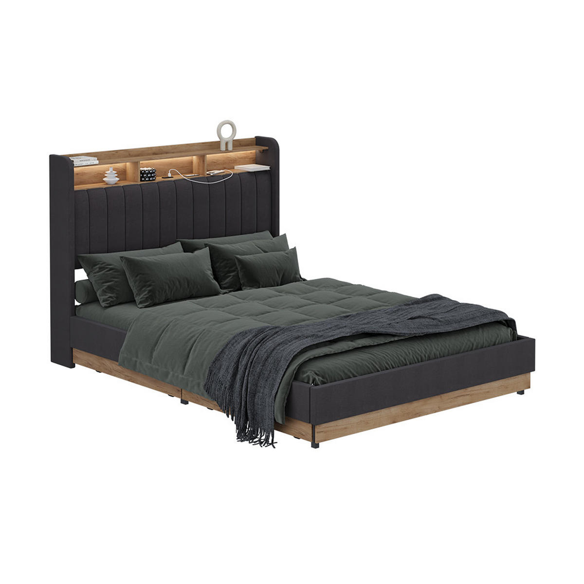 POLSTERBETT Nura Anthrazit 140x200 mit 4 Schubladen - Eichefarben/Anthrazit, Holzwerkstoff - VitaliSpa