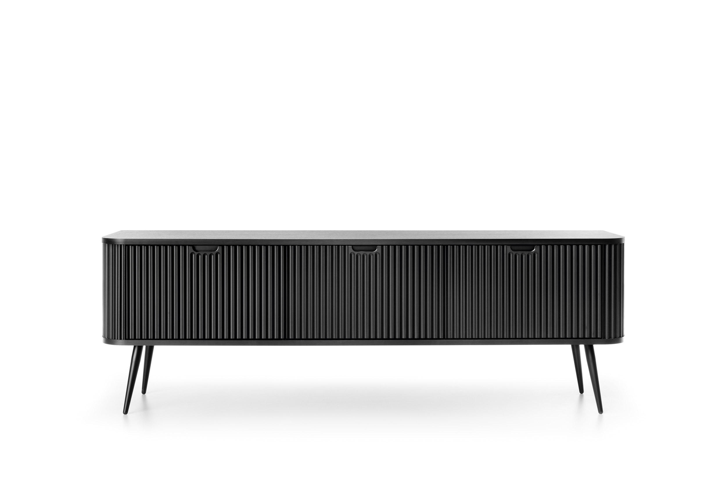 TV-SCHRANK "NOVA" Schwarz 154x39x56cm Geriffelt Regal, 2-Türen, Schublade, Schwarze Beine - Schwarz, Holzwerkstoff/Kunststoff (168/56/39cm) - DomoHome