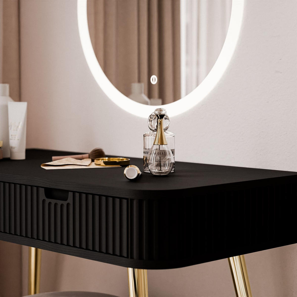 SCHMINKTISCH ZAIRA mit LED Spiegel Schwarz - Schwarz, Holzwerkstoff (103/80/49cm) - Lookway