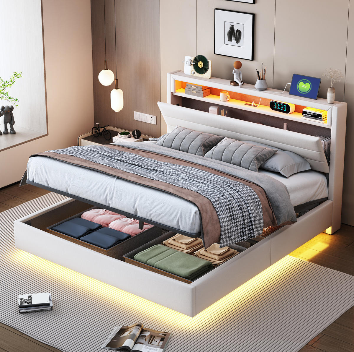 POLSTERBETT aus Leinen 140x200 cm Beige mit LED-Beleuchtung, USB-Anschluss und hydraulischem Stauraum - Beige, Textil (140/200cm) - Modfu
