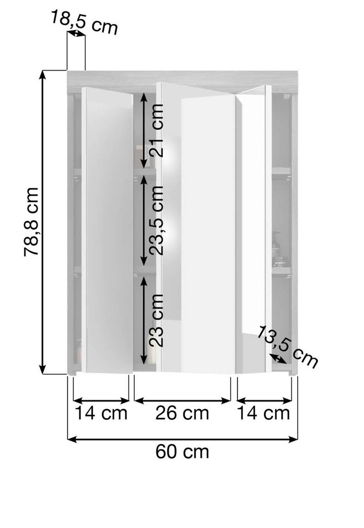 SPIEGELSCHRANK grau 60 x 79 cm, Badschrank 3-türig mit Spiegeltüren - Grau, Glas/Holzwerkstoff (60/79/18cm) - Inn.Furn