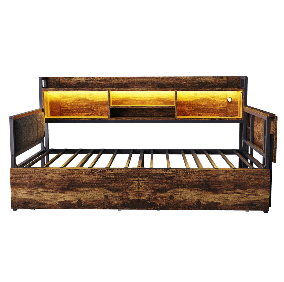 BETT 90/200 cm mit Schreibtisch, LED-Beleuchtung und Stauraum in Holzfarben - Naturfarben, Metall (90/200cm) - Flora Grace