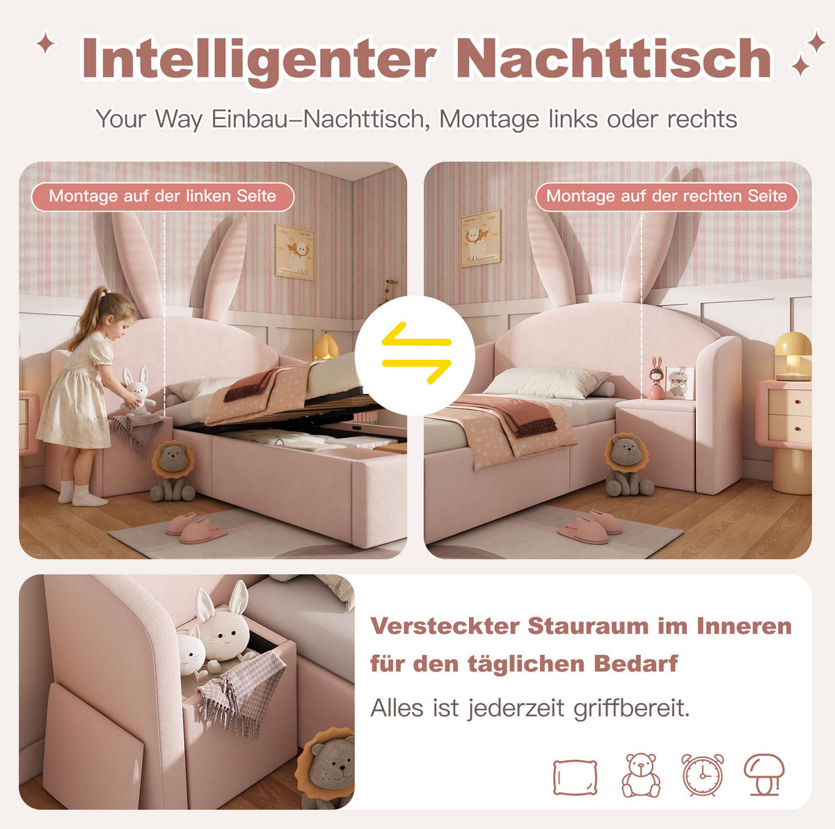 POLSTERBETT 90/190 cm Rosa aus Samt mit Nachttisch - Rosa, Textil (90/190cm) - OKMYHOME