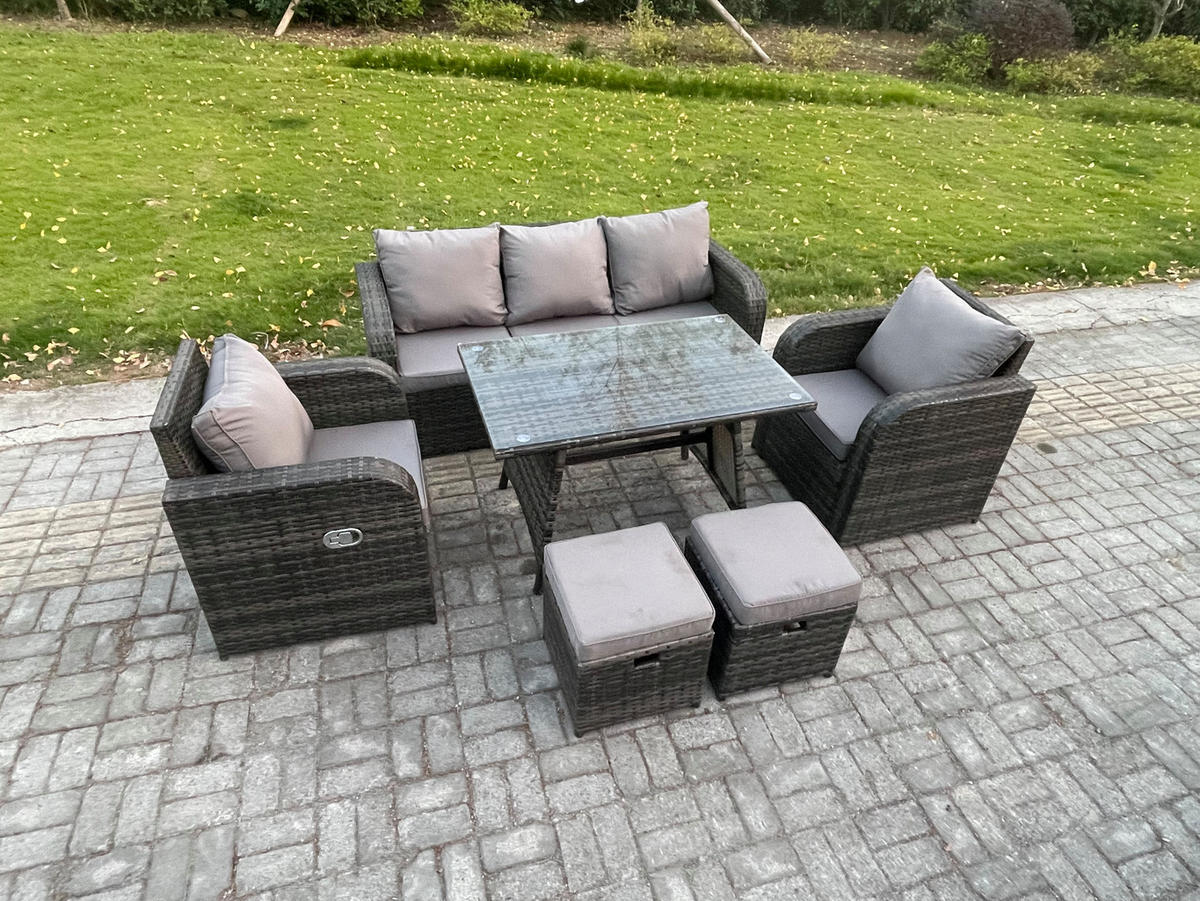 GARTENMÖBEL SET mit COUCHTISCH Polyrattan Dunkelgrau 7-Sitzer - Dunkelgrau/Grau, Glas/Kunststoff - Fimous