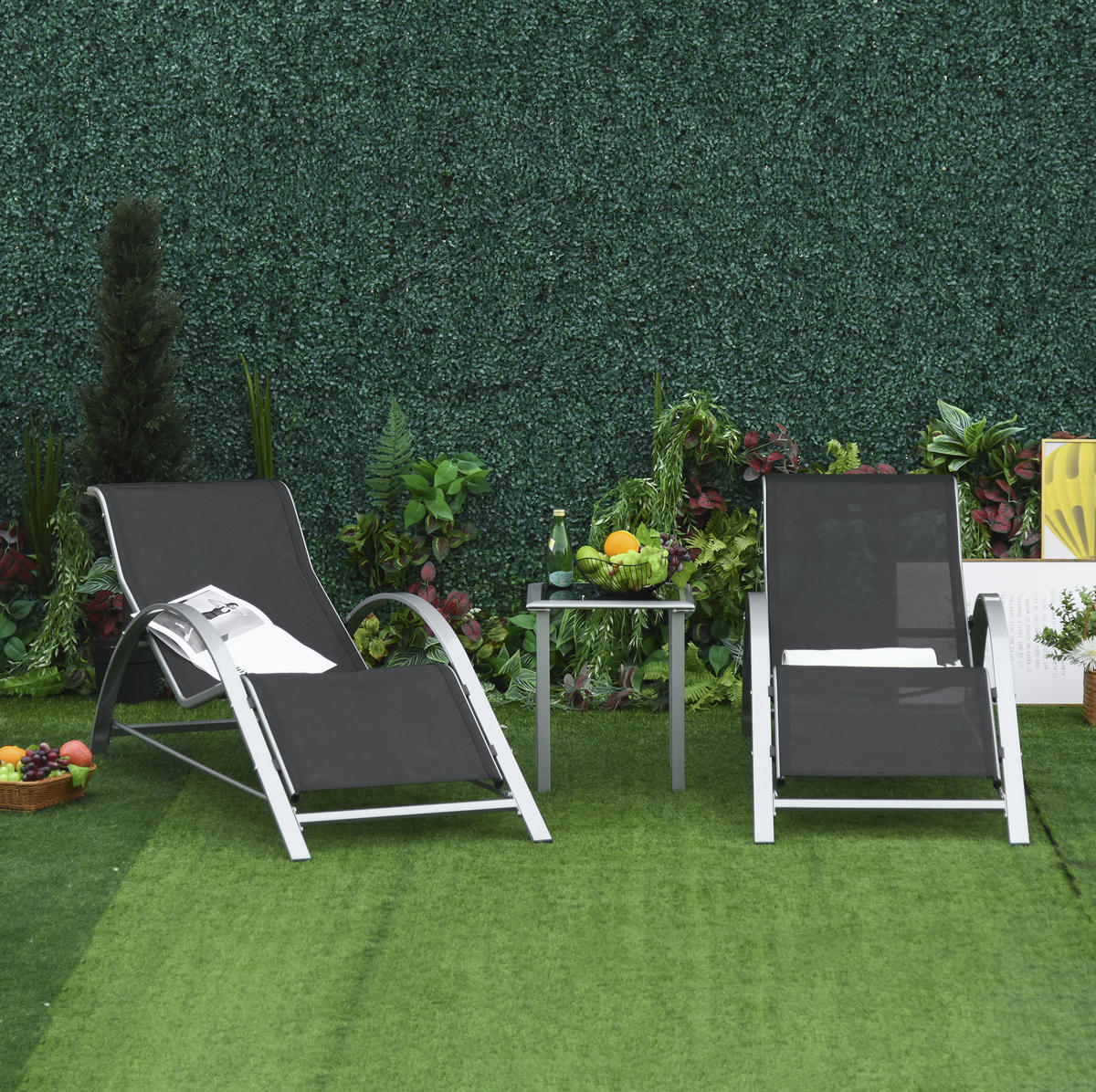 GARTENLIEGEN-SET 169/59/66 cm schwarz aus Metall 3-teilig mit Tisch - Schwarz, Metall - OKWISH