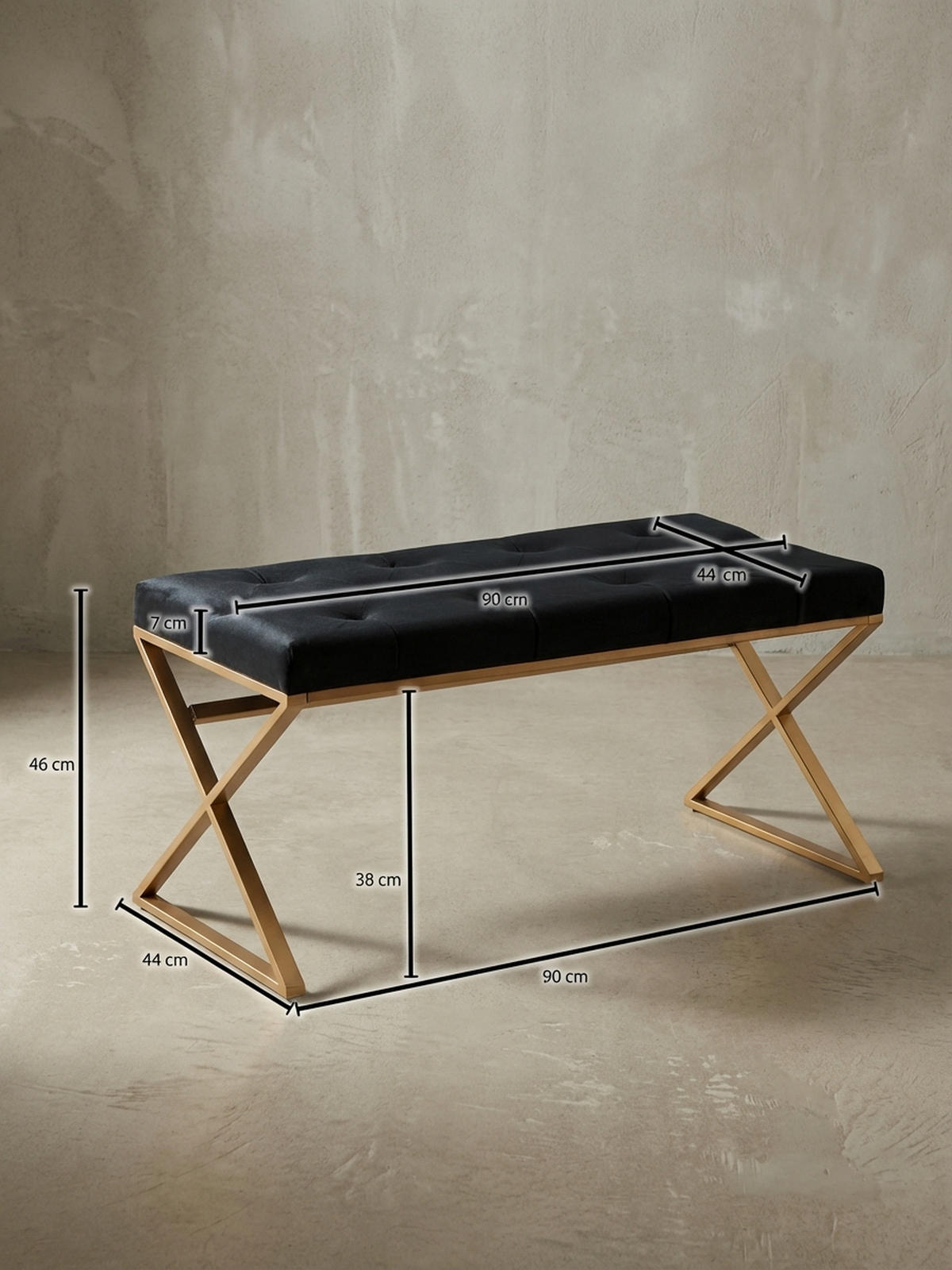 SITZBANK – Samt, Schwarz, Chesterfield-Stil, Metallgestell Gold - Goldfarben/Schwarz, Textil/Metall (90/46/44cm) - KADIMA DESIGN