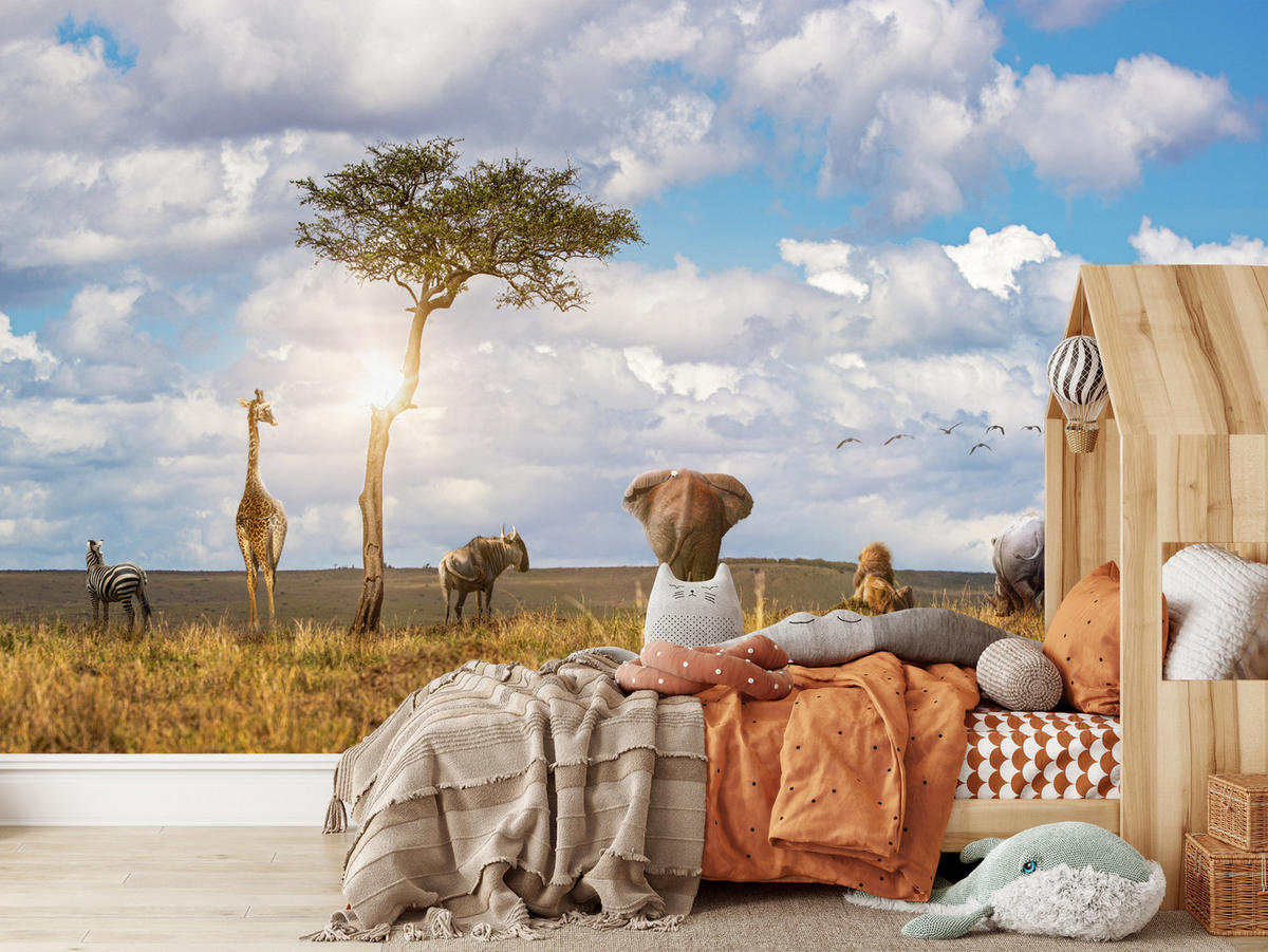 FOTOTAPETE für Kinderzimmer Safari Tiere Elefant Giraffe Löwe 300x210 - Beige/Braun, Papier (300/210cm) - Muralo