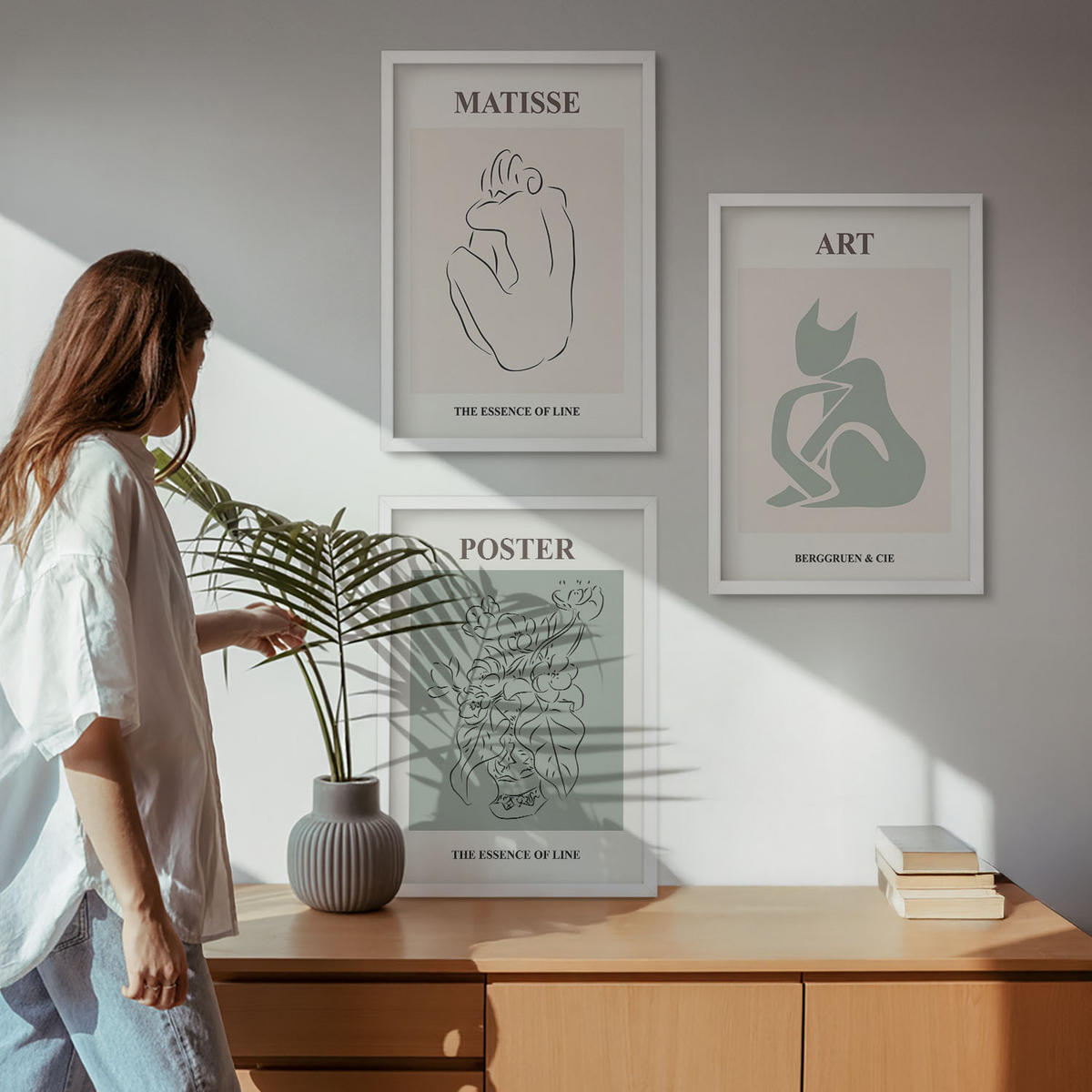 BILDER SET 3er Set - 40x60 cm Weißer Rahmen - Matisse Grün Beige Poster - Weiß, Kunststoff (40/60cm) - TULUP