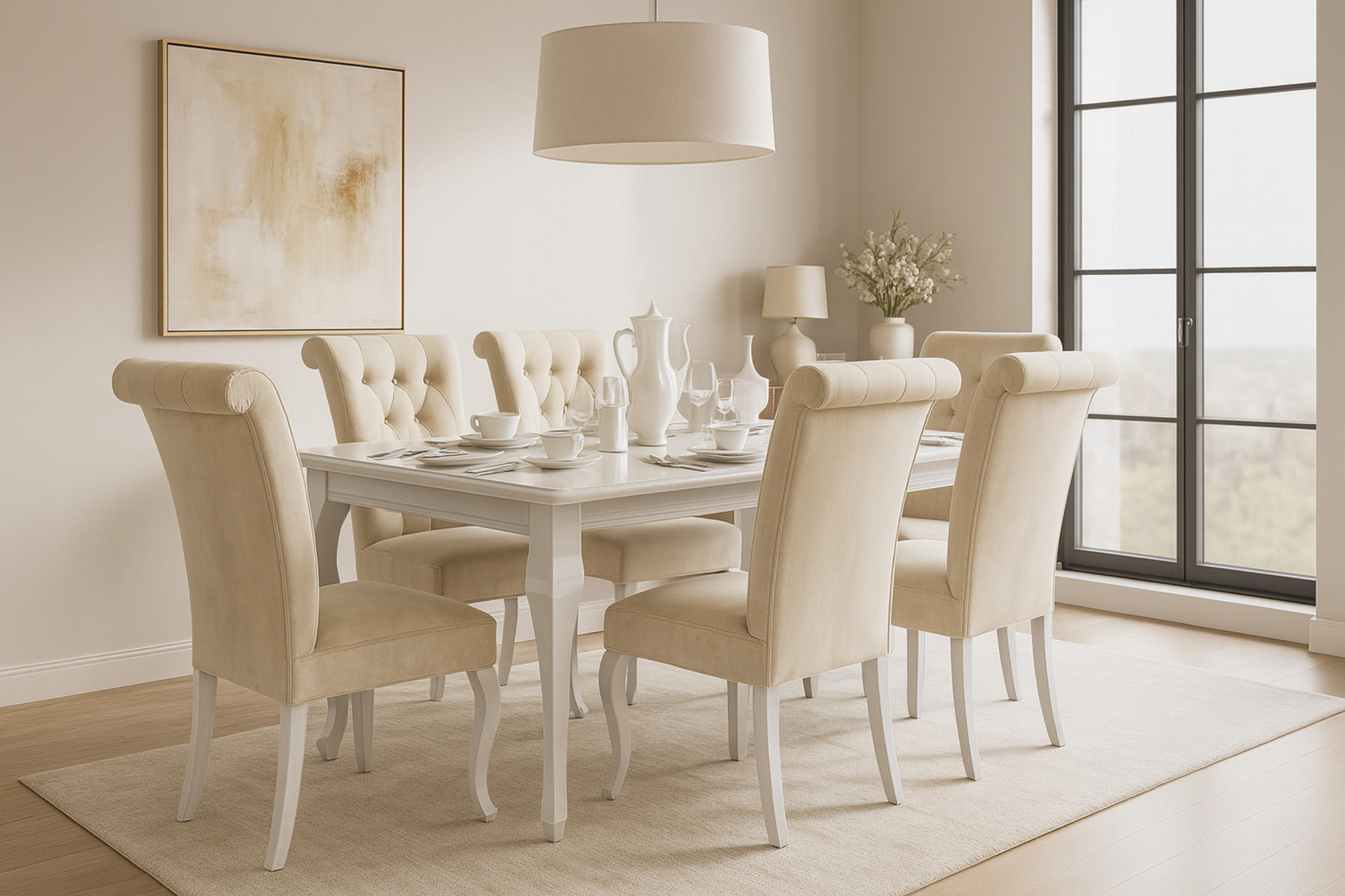 TISCHGRUPPE LUISE 170(+40)/90 cm in Weiß Hochglanz mit 6 Stühlen in Beige - Weiß Hochglanz/Beige, Holz/Holzwerkstoff (90/76/170cm) - Deine Möbel 24
