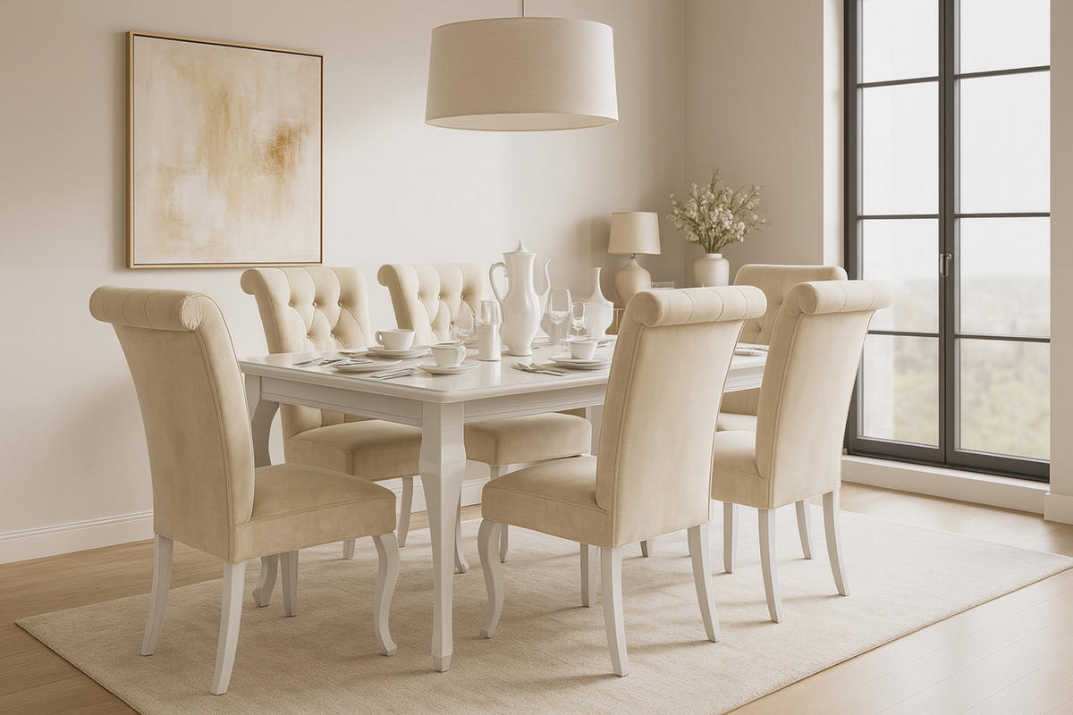 TISCHGRUPPE LUISE 170(+40)/90 cm in Weiß Hochglanz mit 6 Stühlen in Beige - Weiß Hochglanz/Beige, Holz/Holzwerkstoff (90/76/170cm) - Deine Möbel 24