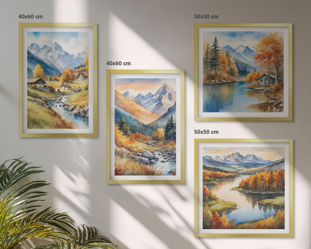 WANDBILDER 4er Set - 50x50 cm & 40x60 cm Goldrahmen - Herbstliche Naturlandschaften - Goldfarben, Kunststoff (50/50cm) - ArtPrintCave