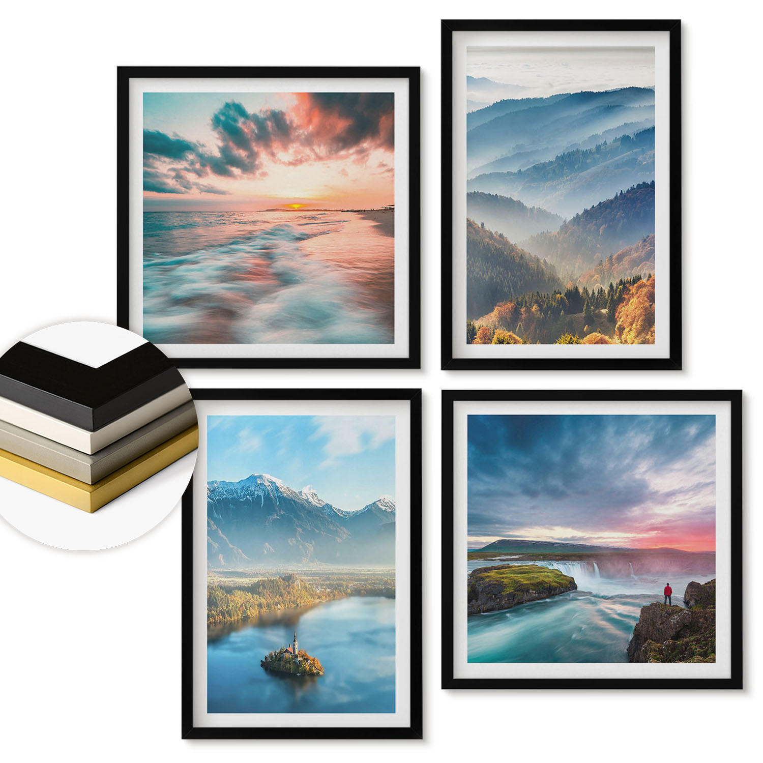 WANDBILDER 4er-Set - 50x50 cm & 40x60 cm Schwarzer Rahmen - Berglandschaften, Wasserfälle - Schwarz, Kunststoff (50/50cm) - ArtPrintCave