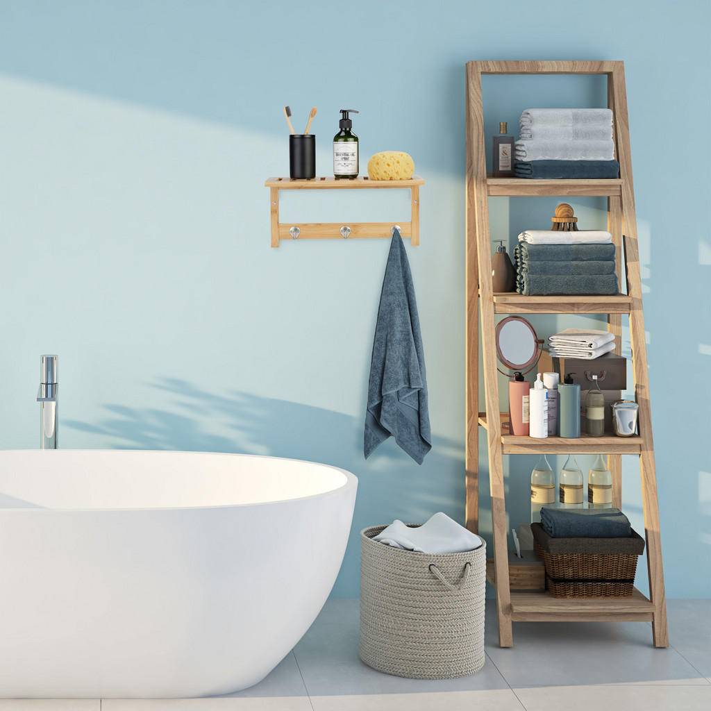 Thumbnail - Relaxdays Wandregal, Hellbraun, Holz, Metall, 37.5x18x16 cm, Badezimmer, Badezimmerregale, Badregale