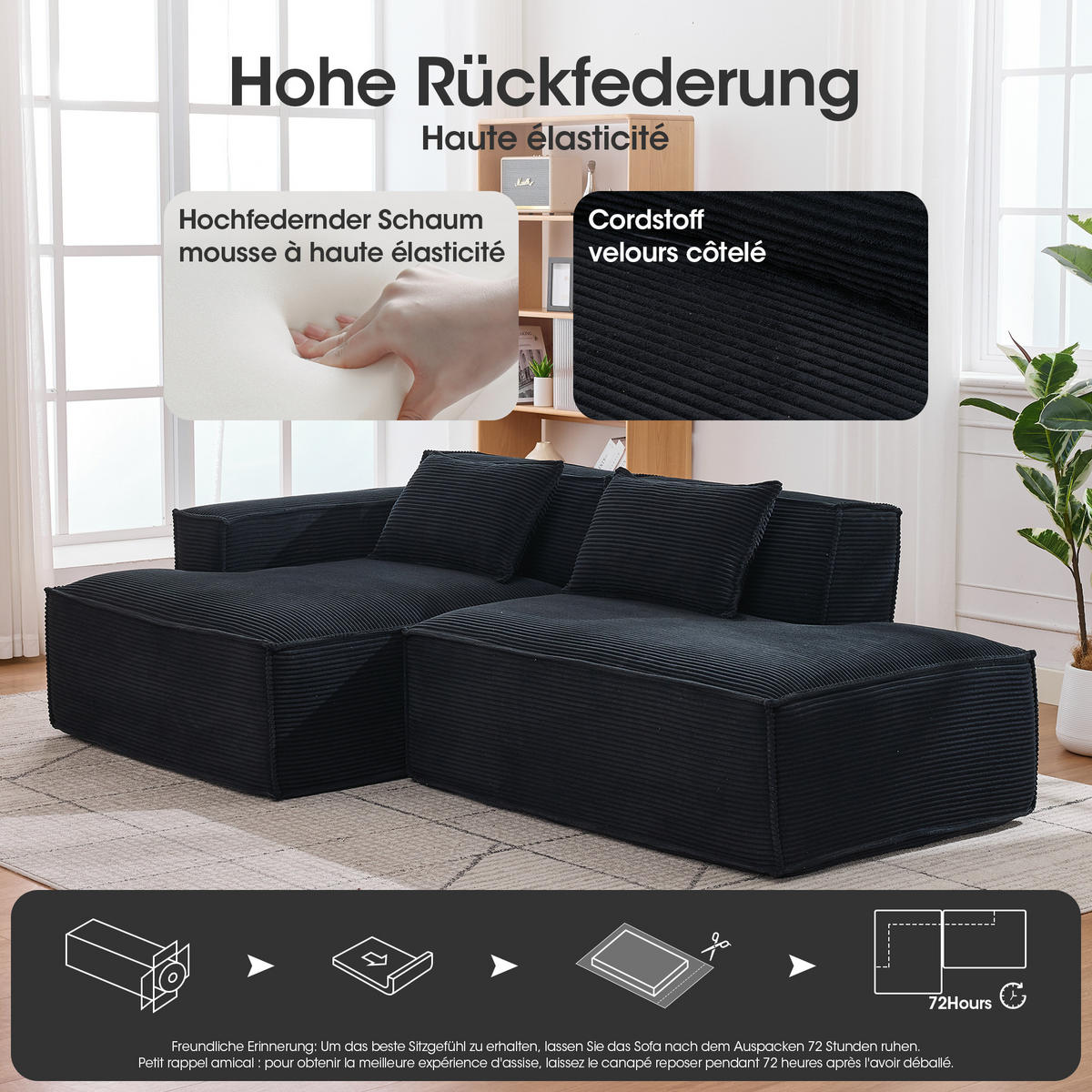 3-SITZER ECKSOFA Polyester Schwarz mit Kissen - Schwarz, Textil (235/129cm) - WISHDOR