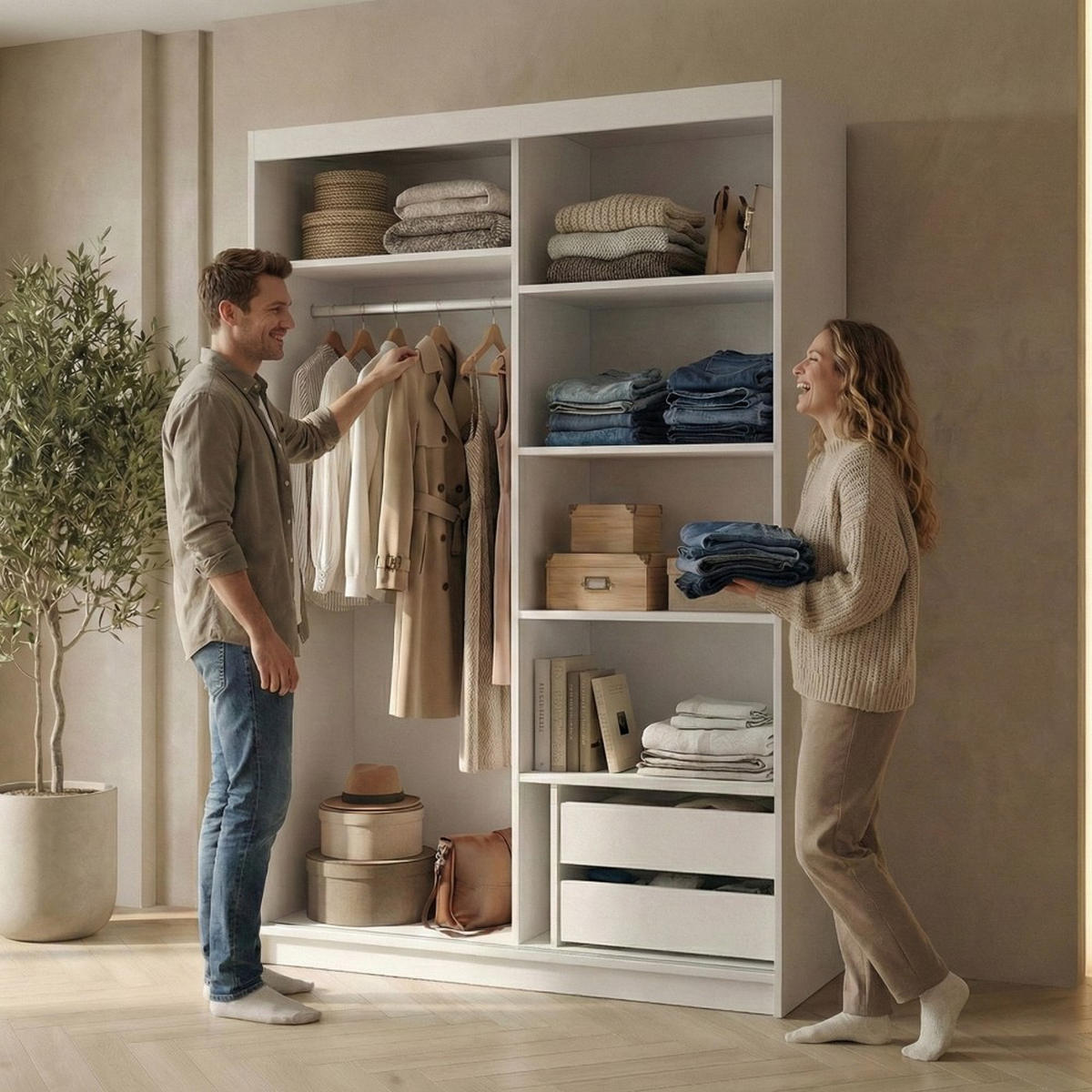 SCHWEBETÜRENSCHRANK Hela 100/205/60 2-türig weiß mit Schubladen - Weiß, Holzwerkstoff (100/205/60cm) - Beautysofa