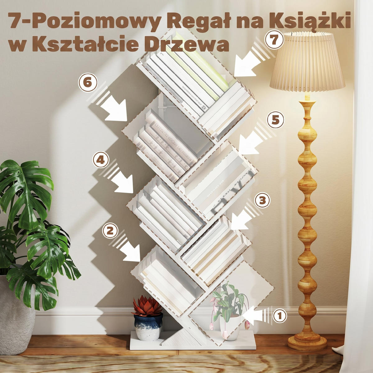 BÜCHERREGAL Standregal mit 7 Ebenen Schmal Regal im Baumform Weiß - Weiß, Holzwerkstoff/Metall (24/109/50cm) - HOMCOM