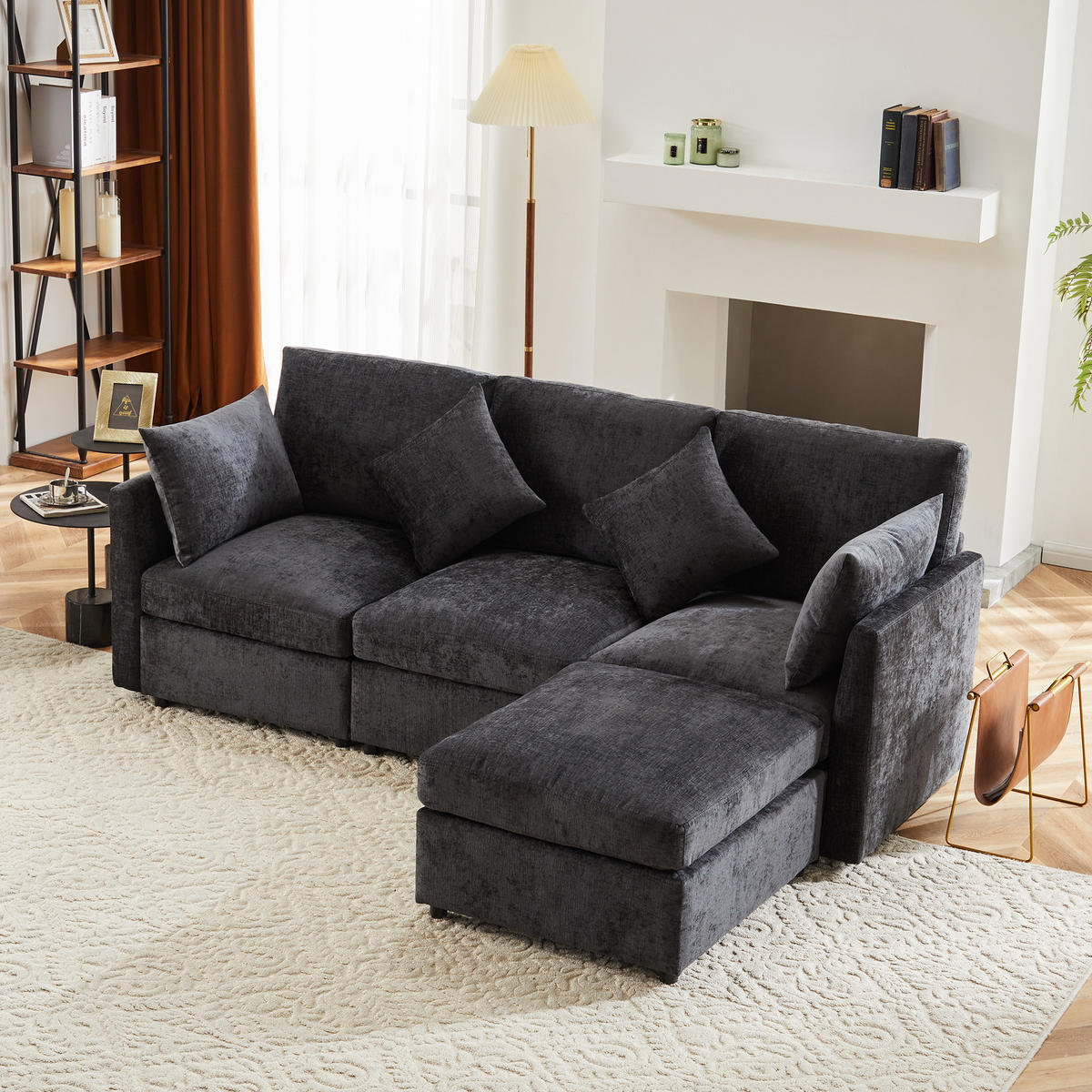 ECKSOFA Chenille mit Hocker 216/161/81 cm Grau abziehbare Sitzkissen - Grau, Textil (161/216cm) - Redom