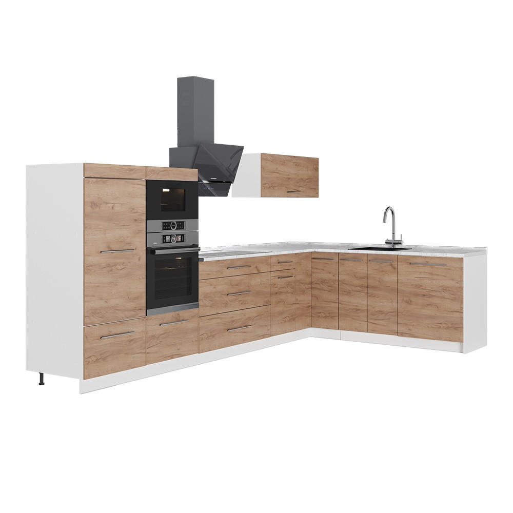 ECKKÜCHE Fame-Line, Goldkraft Eiche, 347 x 207 cm, AP Marmor - Eichefarben/Weiß, Holzwerkstoff (347/153.6/60cm) - Vicco