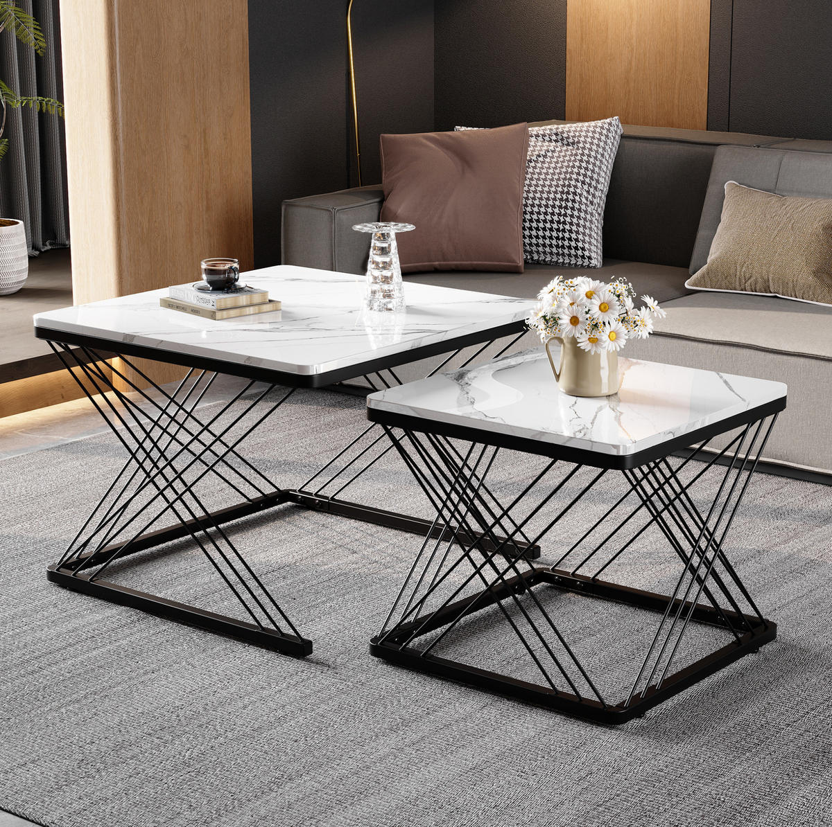 COUCHTISCH 60/60/45 cm & 45/45/40 cm hochglänzende Marmoroptik 2er-Set - Schwarz, Holzwerkstoff (60/60/45cm) - OKWISH