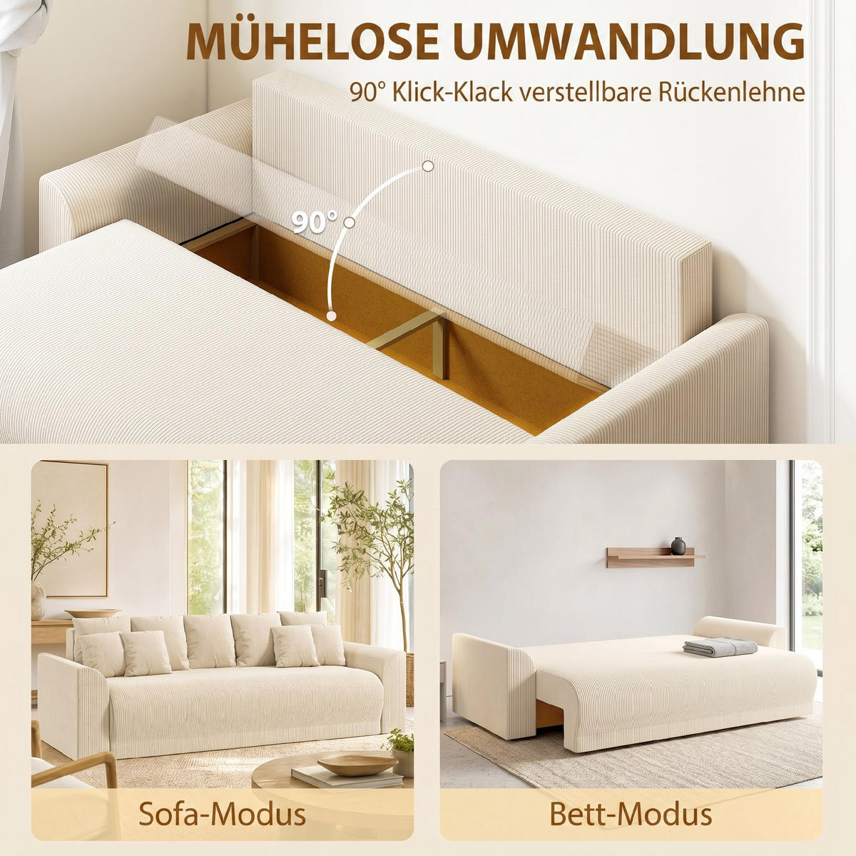 SCHLAFSOFA Cord Beige - Beige, Kunststoff/Textil (95/73/230cm) - HOMCOM