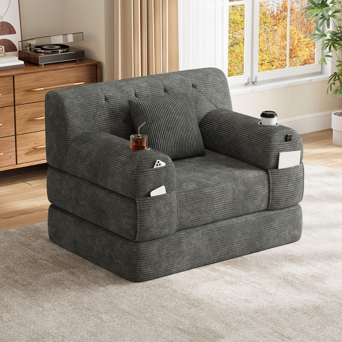 SCHLAFSESSEL Cord komprimiert, DE-42543, Dunkelgrau - Dunkelgrau, Metall (107/81/80cm) - ComfortXL