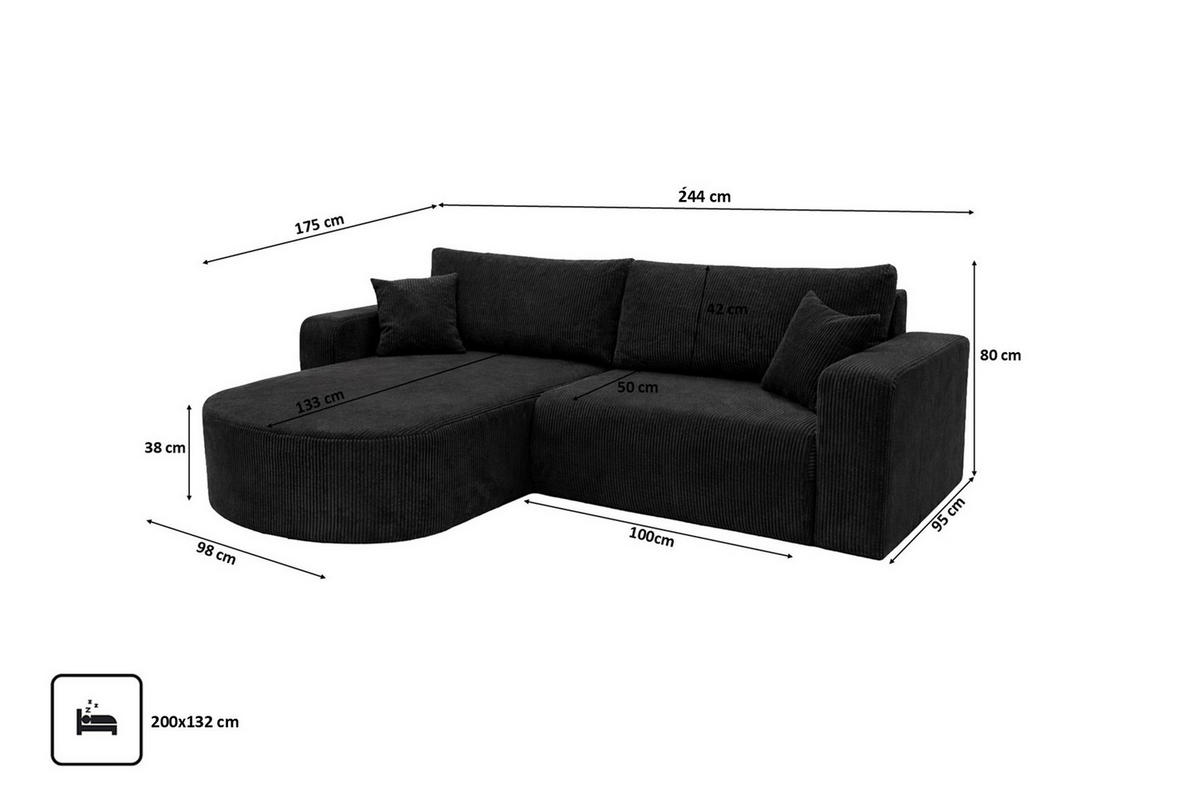 ECKSOFA Mit Schlaffunktion, Cordstoff Poso, Schwarz, Links, ROUND ONE - Schwarz, Holz (244/175cm) - Kaiser Möbel